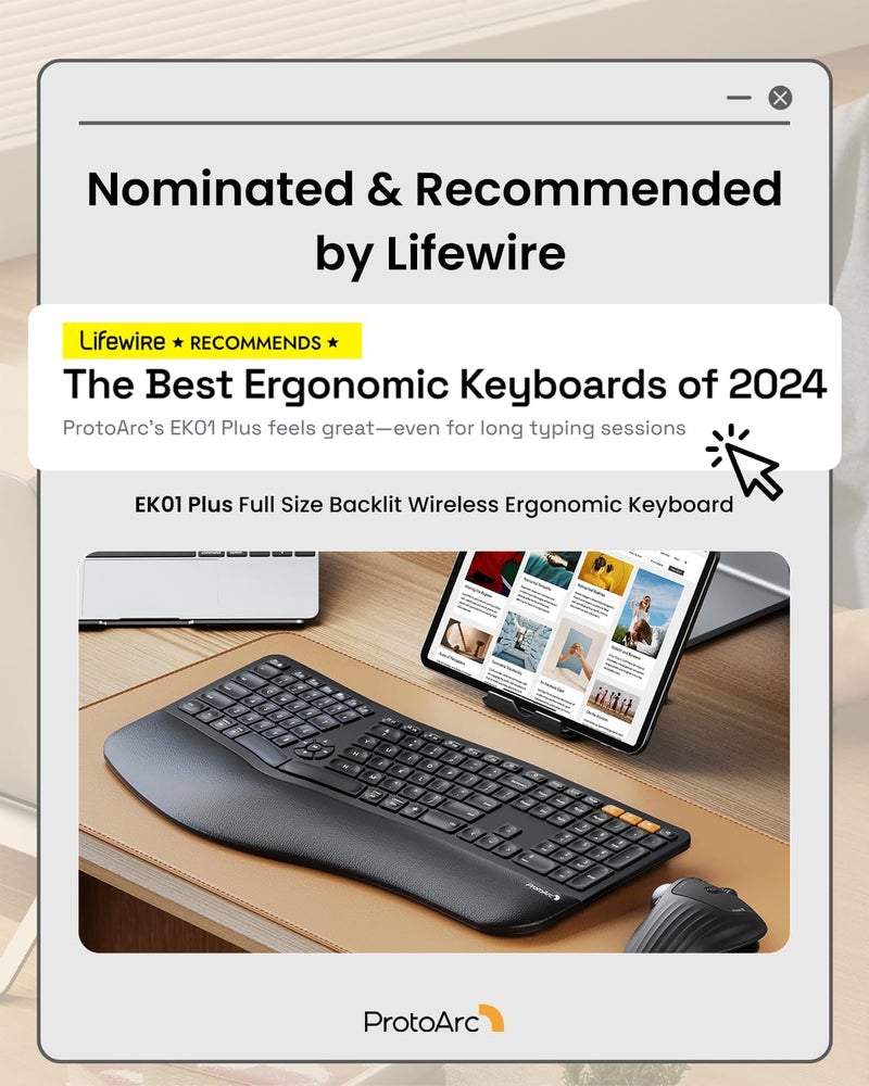 ProtoArc Backlit Bluetooth Ergonomic Keyboard, EK01 Plus Full Size Wireless Split Keyboard with Dual Bluetooth and USB, Cushioned Wrist Rest, Rechargeable, Compatible with Windows/Mac/Android, Black - Image 2